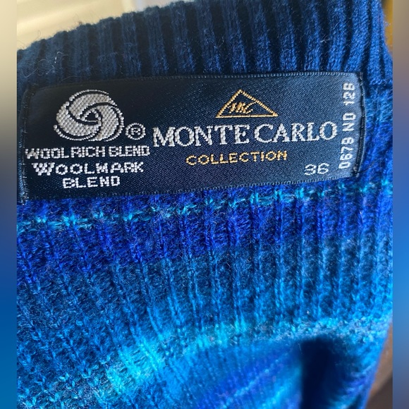 Vintage Monte Carlo Men’s Wool Knit Pattern Blue V-neck Pullover Sweater - Picture 6 of 6